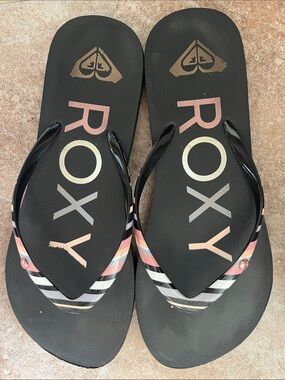 Roxy Black Flip Flops with Pink, Cream & Tan Accents